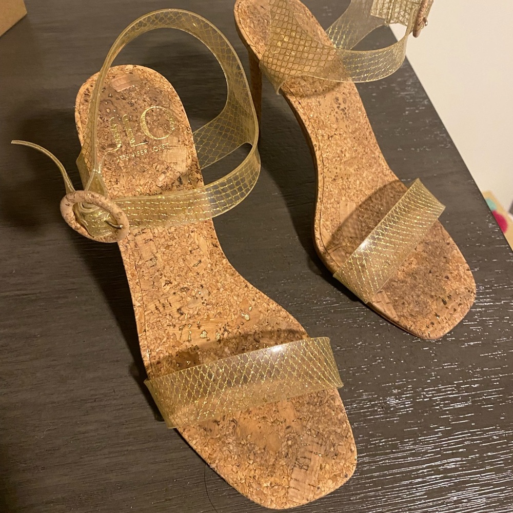 Jlo Cork Heel/ Clear Strap Worn One Time Comes W/Box Gem
